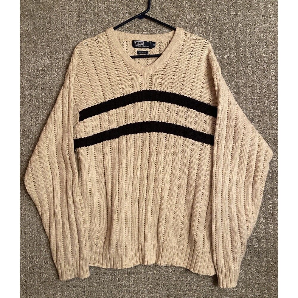 Vintage Polo Ralph Lauren Striped Cotton Pullover V Neck Sweater XL Hong Kong
